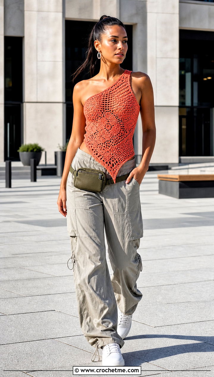 Asymmetric Crochet Corset With Parachute Pants - 25 easy crochet corset outfit ideas
