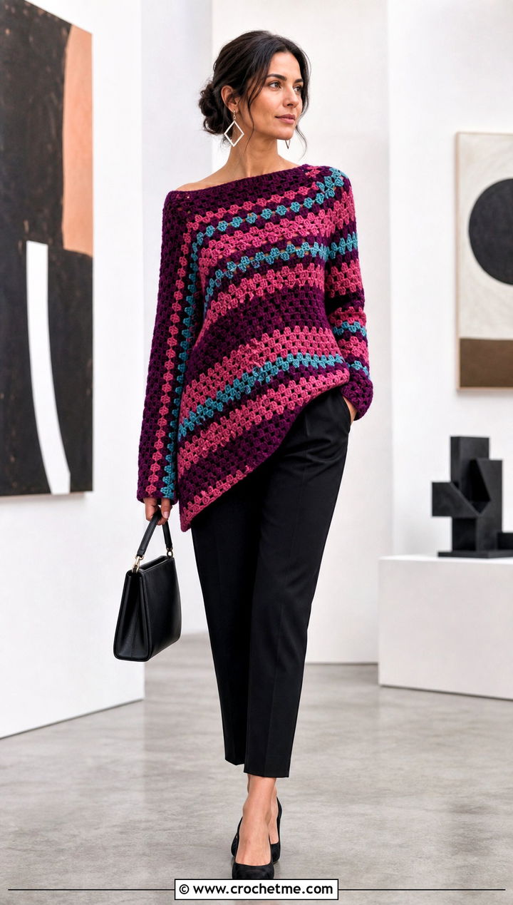 Asymmetric Crochet Granny Stripe Sweater With Cigarette Pants - 25 Crochet Granny Stripe Sweater outfit ideas