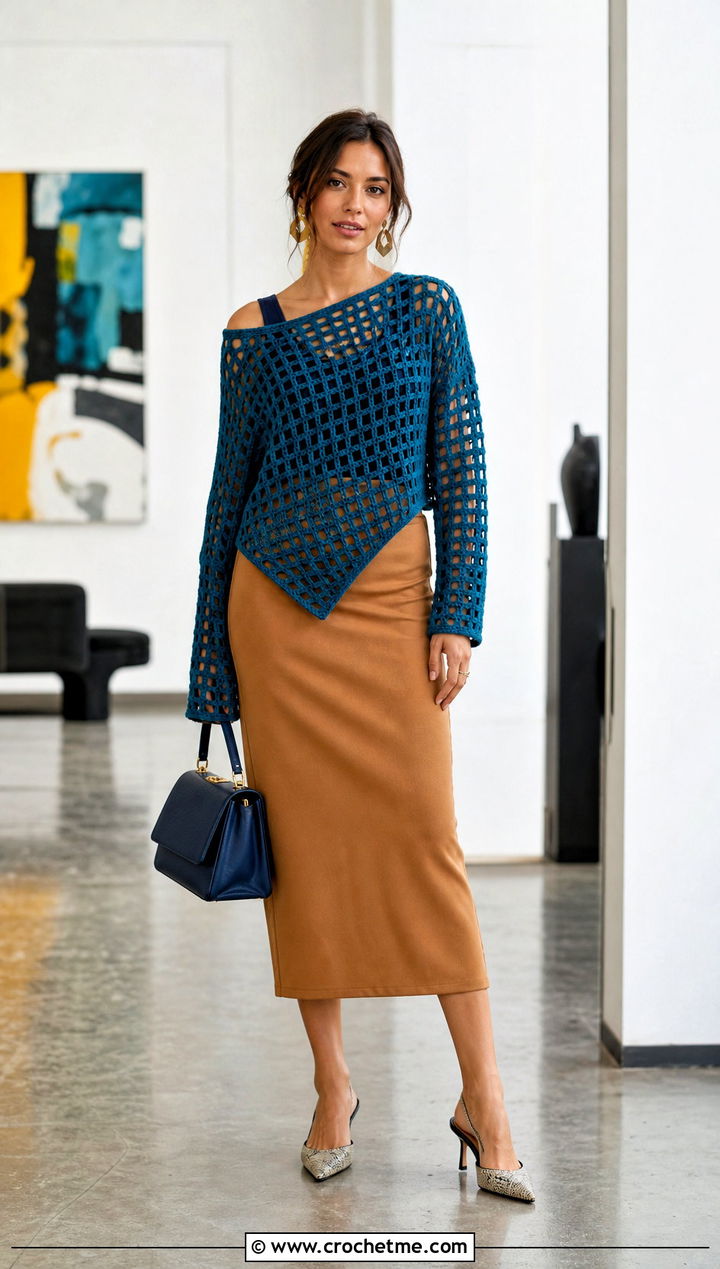 Asymmetric Crochet Grid Sweater With Pencil Skirt - 30 crochet grid sweater outfit ideas