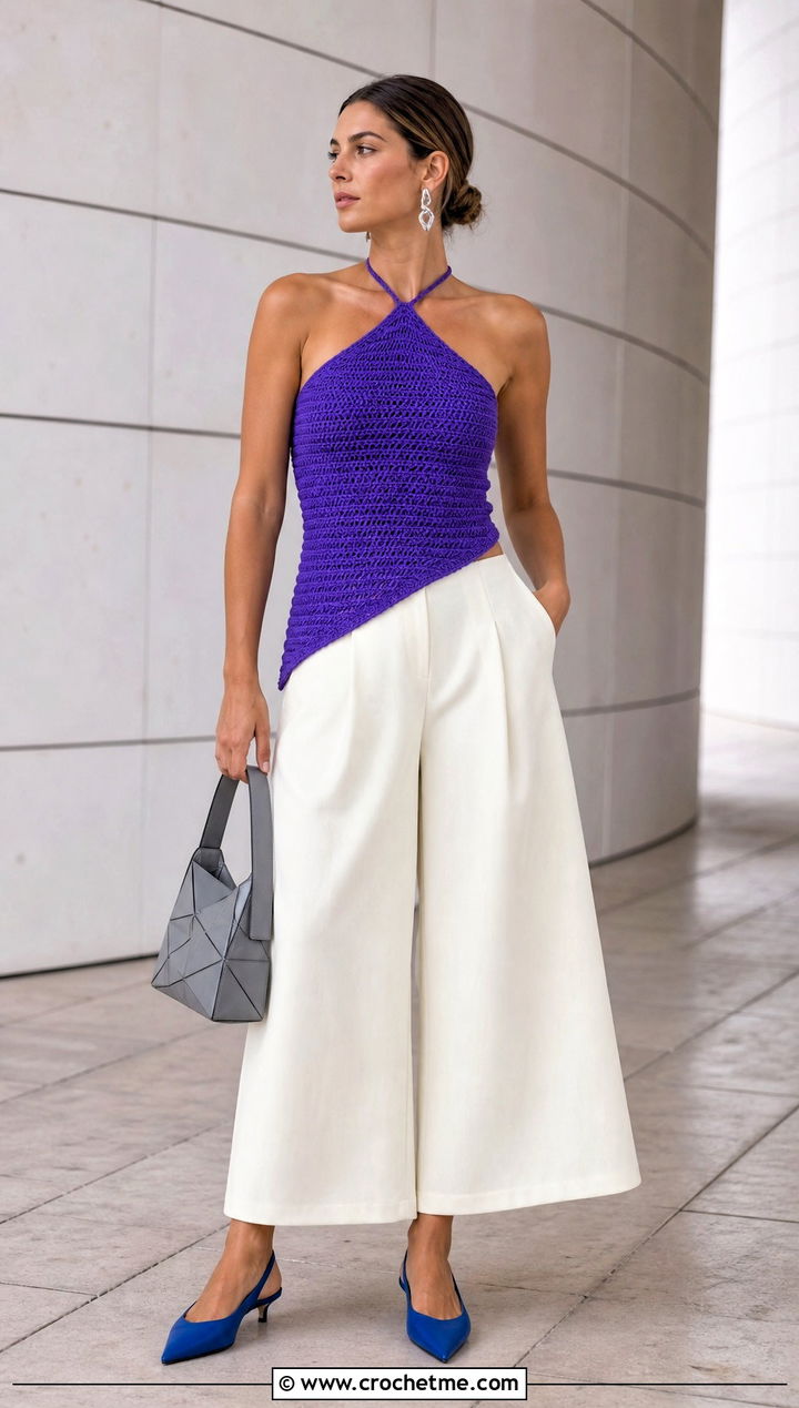 Asymmetric Crochet Halter Top With Wide Leg Culottes - 35 crochet halter neck top outfit ideas