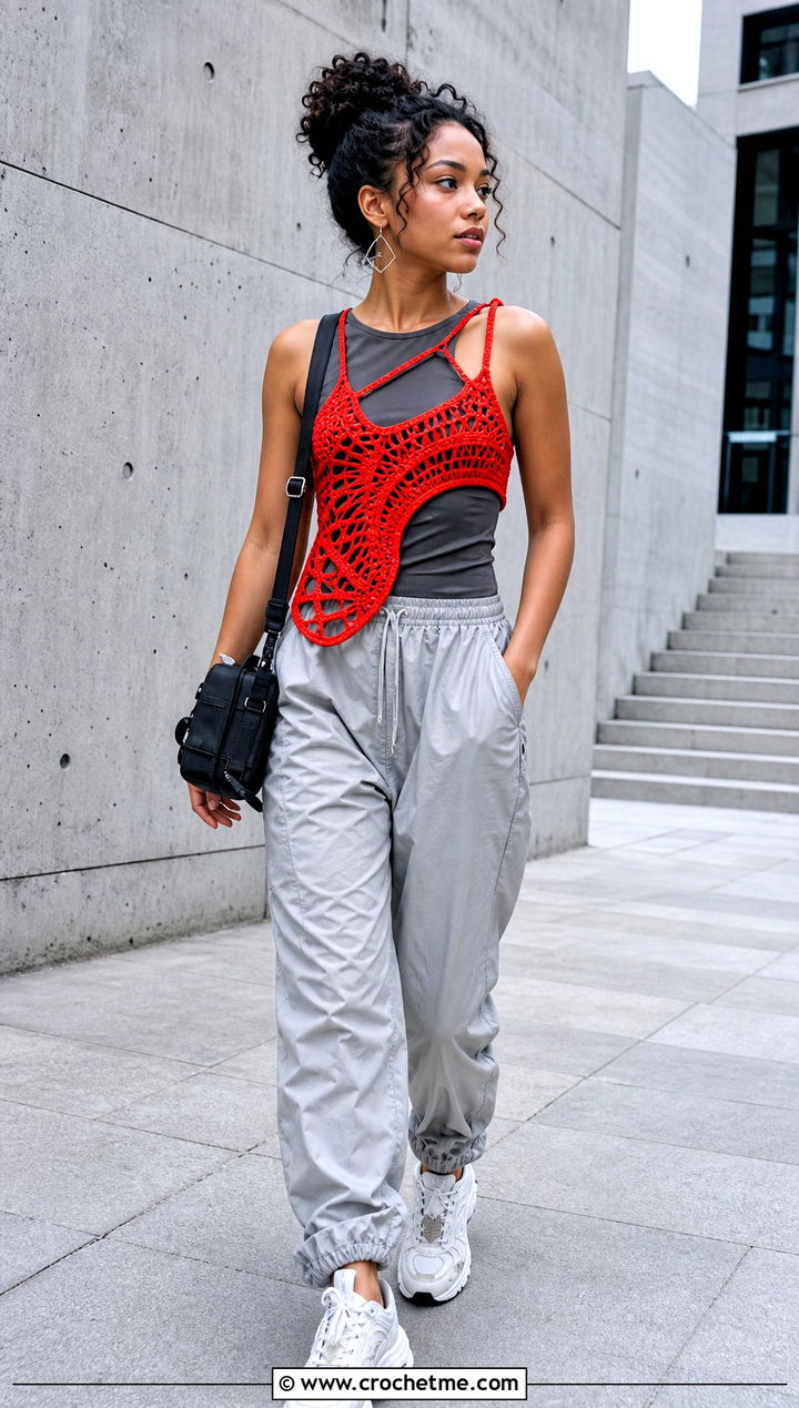 Asymmetric Crochet Harness Top With Parachute Pants - 15 Crochet Harness Top outfit ideas