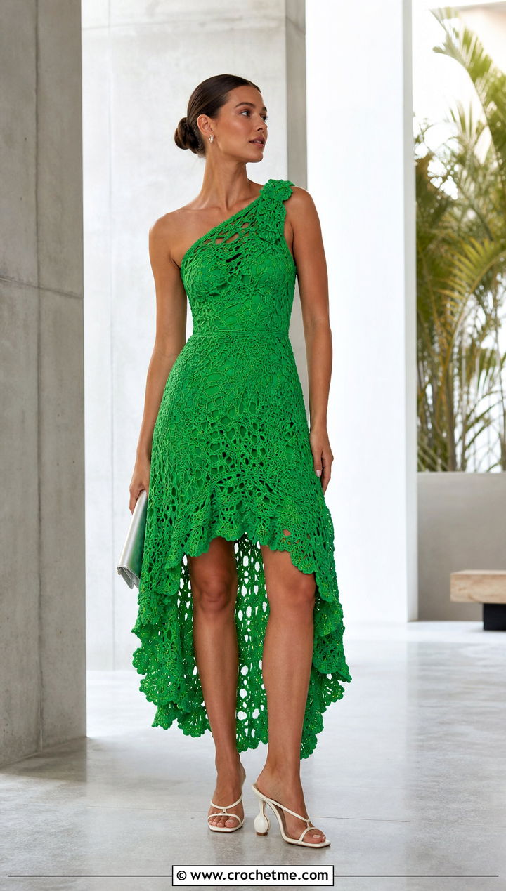Asymmetric Crochet High Low Wedding Dress With Sculptural Heels - 15 short crochet wedding dress outfit ideas