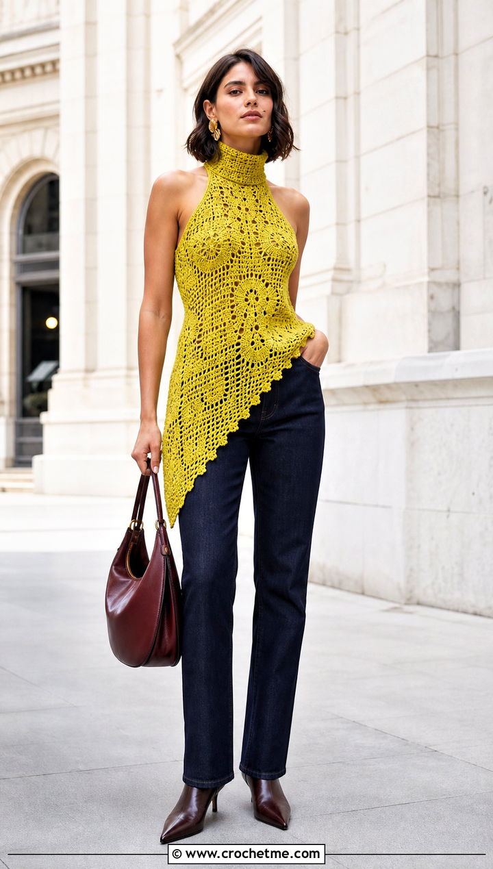 Asymmetric Crochet High Neck Top With Tailored Jeans - 35 crochet high neck top outfit ideas