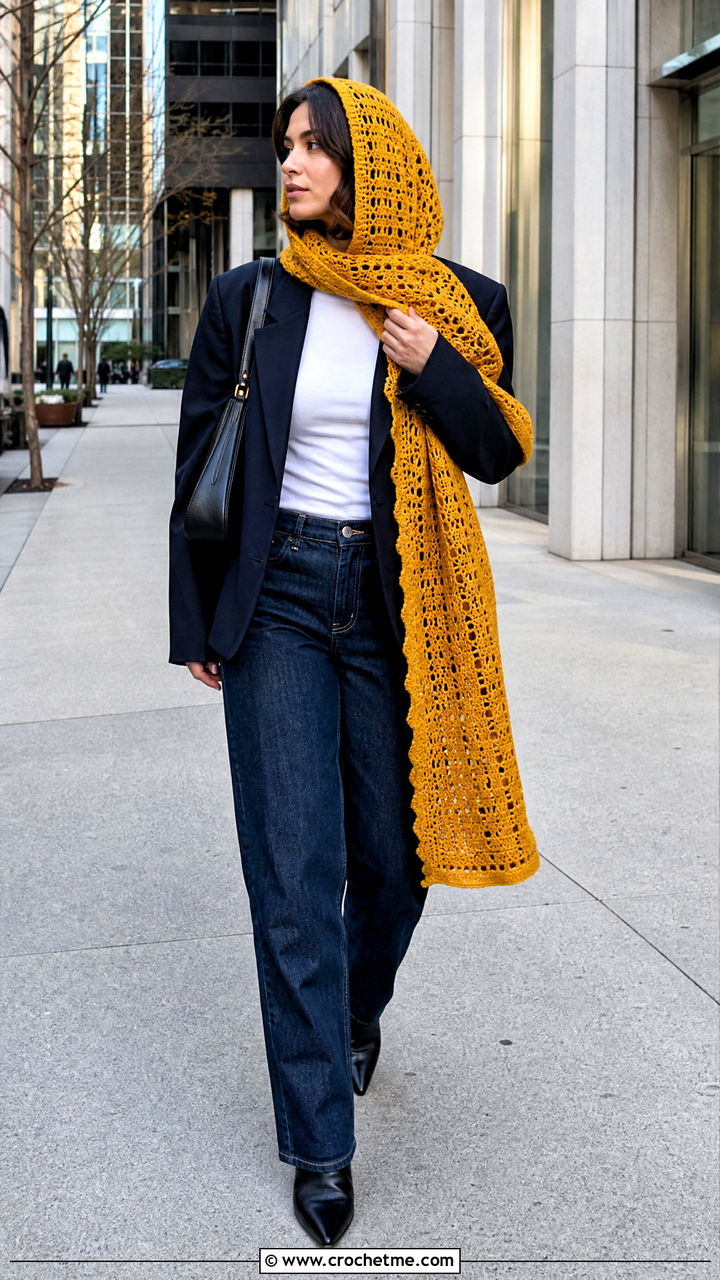 Asymmetric Crochet Hood Scarf With Blazer And Jeans - 35 crochet hood scarf outfit ideas