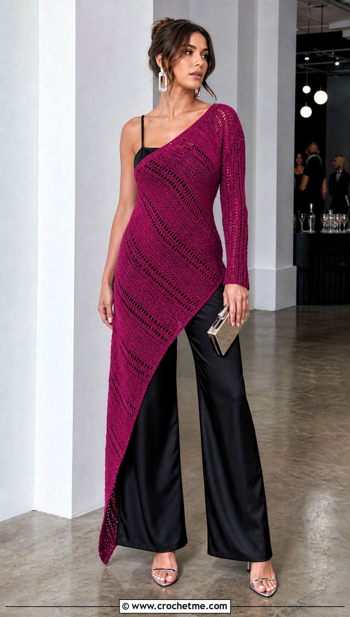 Asymmetric Crochet Jumper Dress With Satin Pants - 15 Crochet Jumper Dress outfit ideas