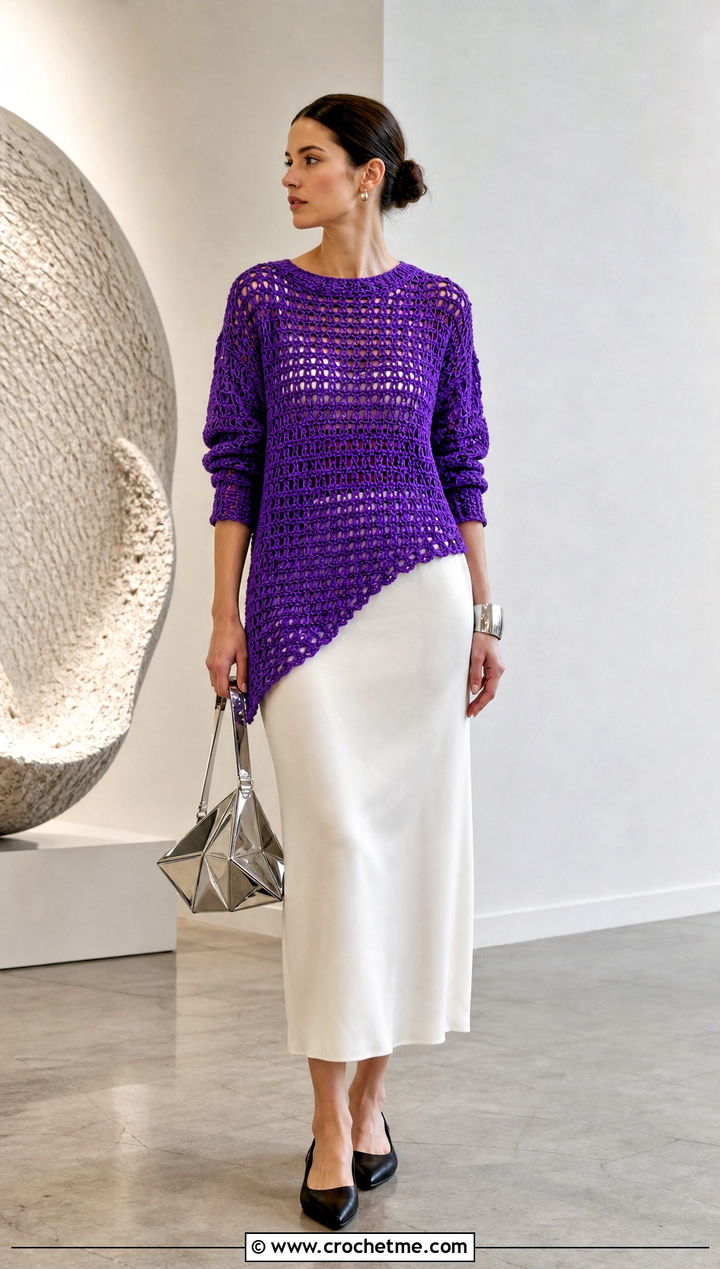 Asymmetric Crochet Jumper With Column Skirt - 25 Cute Crochet Jumper outfit ideas