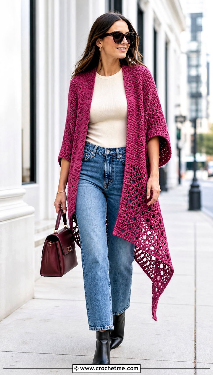 Asymmetric Crochet Kimono With Straight Leg Jeans - 15 crochet kimono cover up outfit ideas