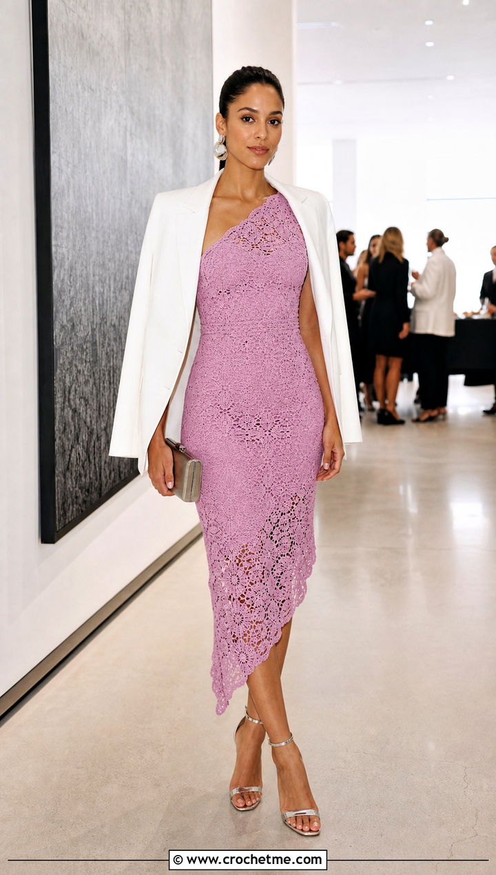 Asymmetric Crochet Lace Dress With Blazer And Metallic Heels - 15 crochet lace dress design outfit ideas