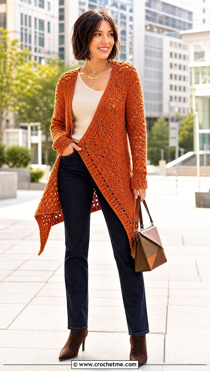 Asymmetric Crochet Long Sweater With Slim Jeans - 35 crochet long sweater outfit ideas