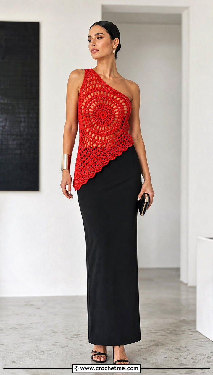 Asymmetric Crochet Mandala Top With Column Skirt - 35 crochet mandala top outfit ideas