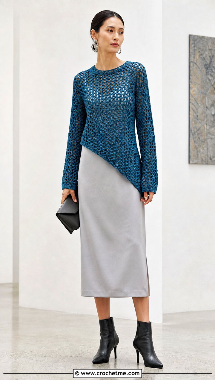 Asymmetric Crochet Mesh Jumper Over A Midi Dress - 30 crochet mesh jumper outfit ideas