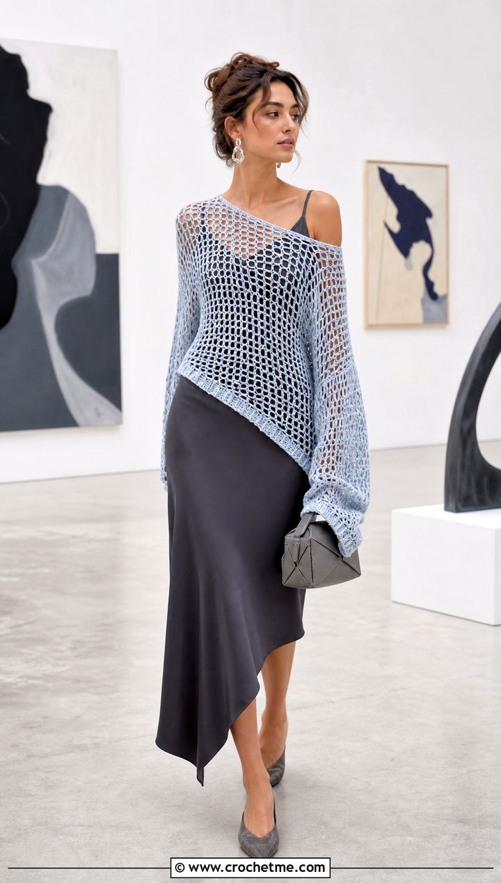 Asymmetric Crochet Mesh Sweater With Bias Midi Skirt - 35 oversized crochet mesh sweater outfit ideas