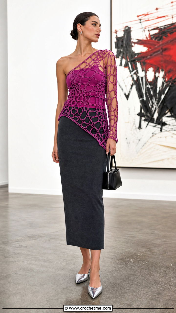 Asymmetric Crochet Mesh Top With Column Skirt - 35 crochet mesh top outfit ideas