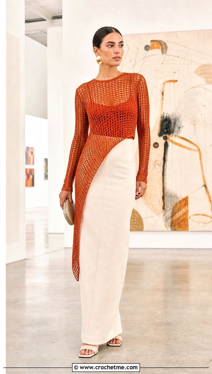 Asymmetric Crochet Mesh Top With Column Skirt - 30 long sleeve crochet mesh top outfit ideas