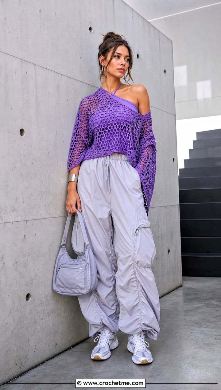 Asymmetric Crochet Mesh Top With Parachute Pants - 30 crochet summer mesh top outfit ideas
