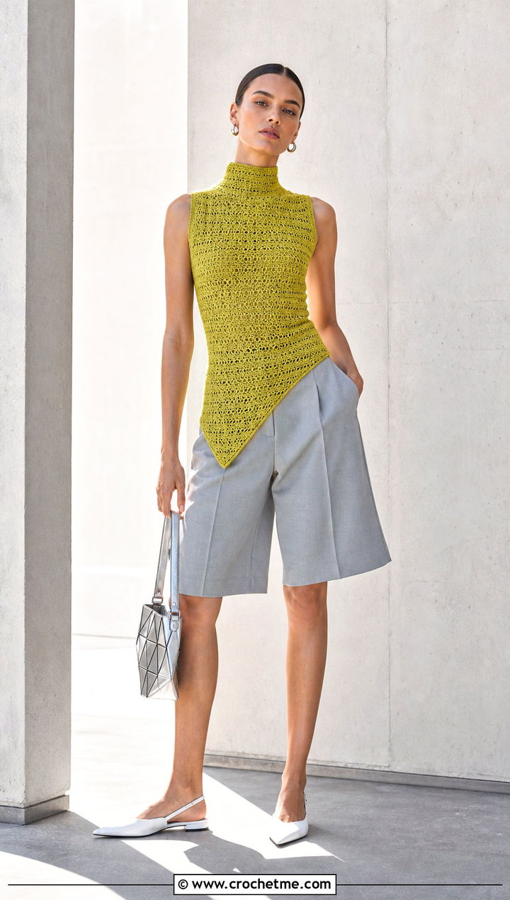 Asymmetric Crochet Mock Neck Top With Tailored Shorts - 35 crochet mock neck top outfit ideas