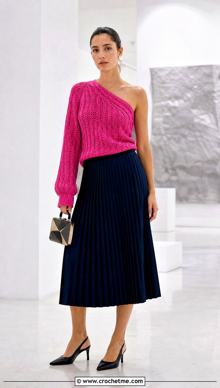Asymmetric Crochet One Shoulder Sweater With Pleated Midi Skirt - 25 Crochet Over The Shoulder Sweater outfit ideas