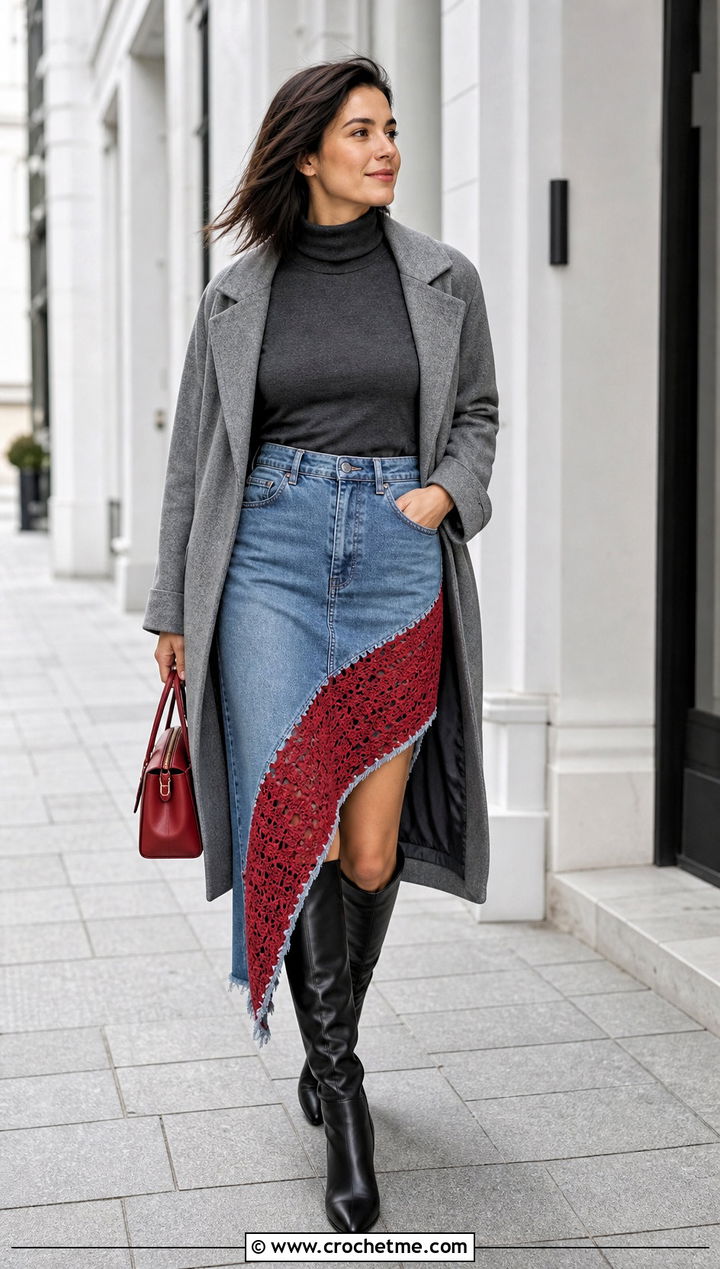 Asymmetric Crochet Panel Denim Skirt With Turtleneck - 30 denim crochet skirt outfit ideas