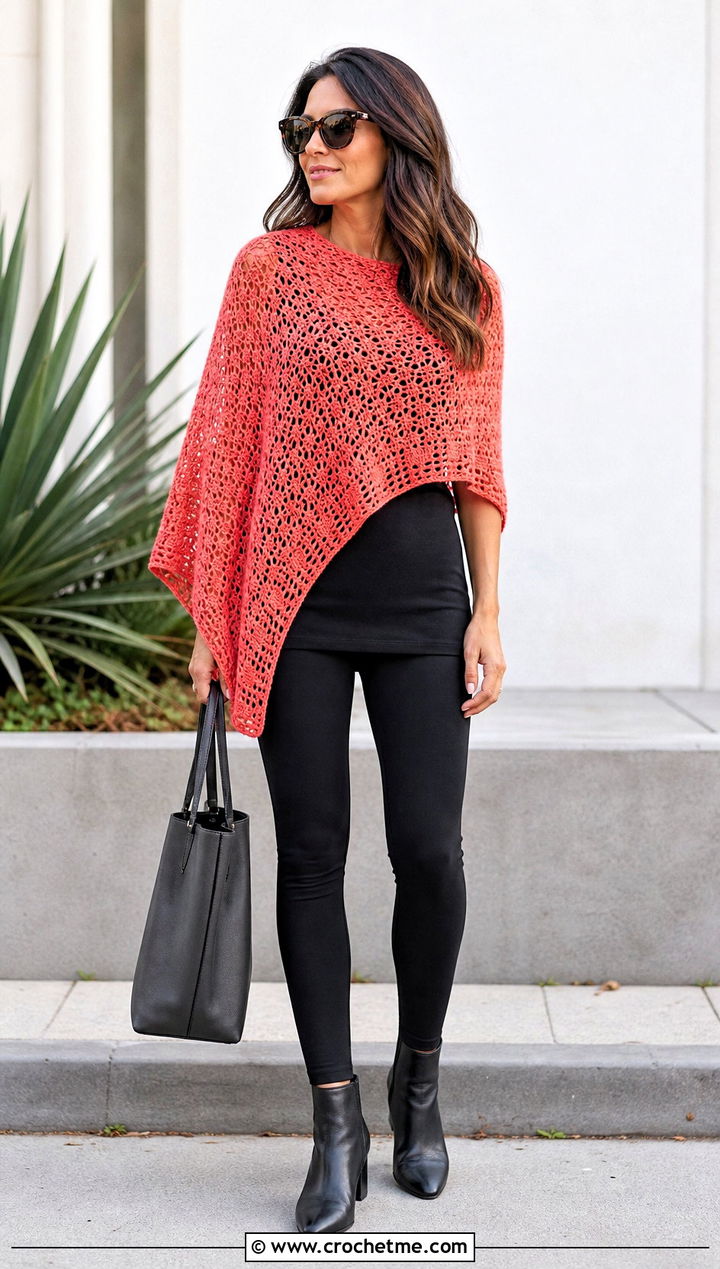Asymmetric Crochet Poncho Top With Leggings - 35 crochet layering top outfit ideas