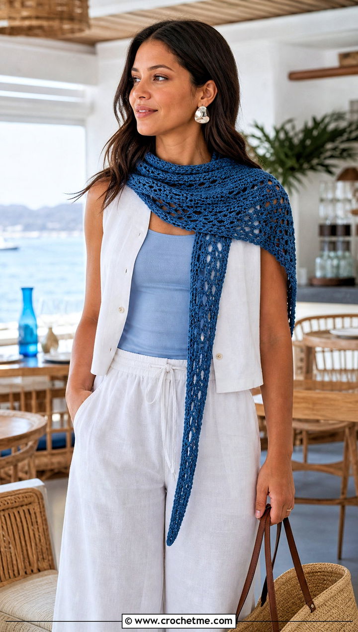 Asymmetric Crochet Scarf With Linen Vest and Trousers - 15 Light Crochet Scarf outfit ideas