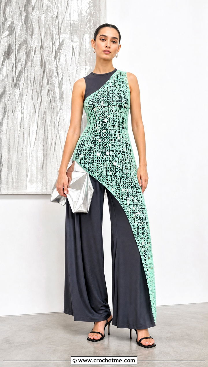 Asymmetric Crochet Sequin Dress Over Wide Leg Pants - 35 crochet sequin dress outfit ideas