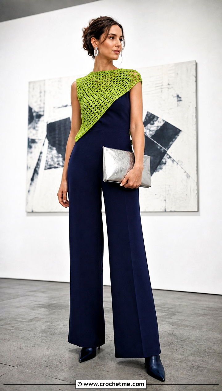 Asymmetric Crochet Shoulder Shrug With Jumpsuit - 25 Crochet Mini Sweater outfit ideas