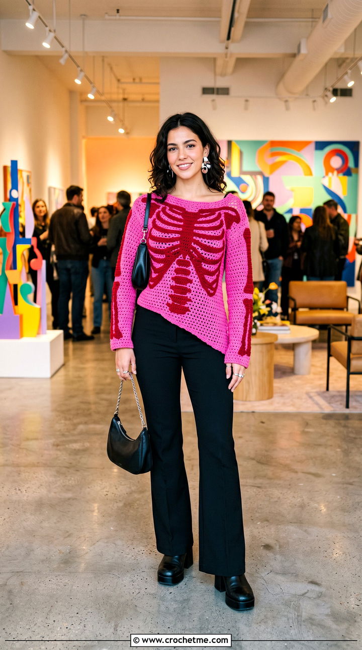 Asymmetric Crochet Skeleton Sweater With Flared Pants - 30 Crochet Skeleton Sweater outfit ideas