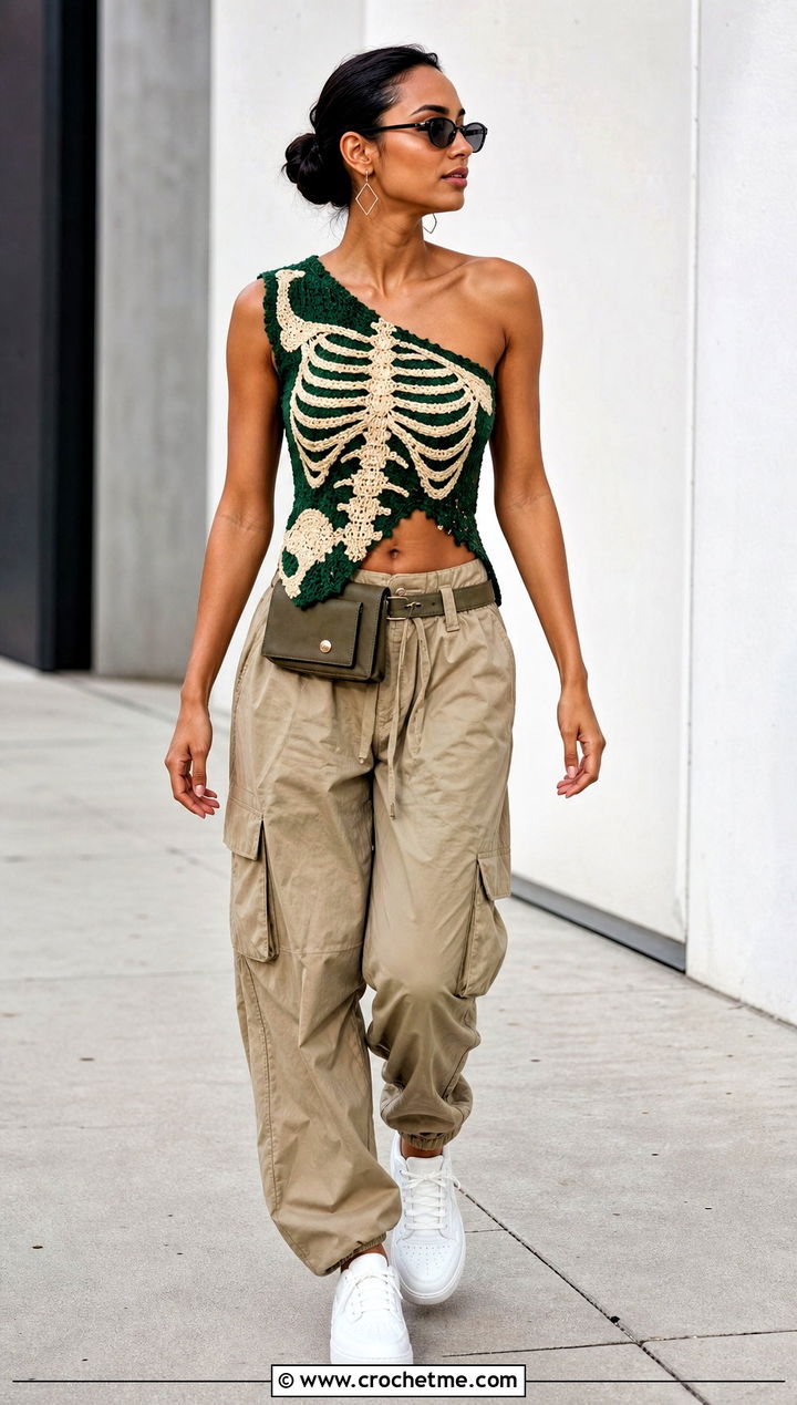 Asymmetric Crochet Skeleton Top With Parachute Pants - 35 crochet skeleton top outfit ideas