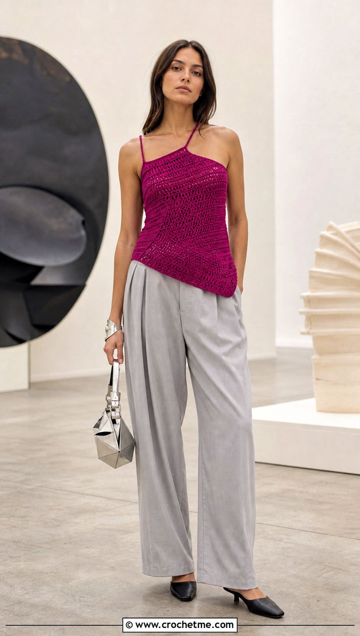 Asymmetric Crochet Strappy Top With Pleated Trousers - 15 crochet strappy top outfit ideas