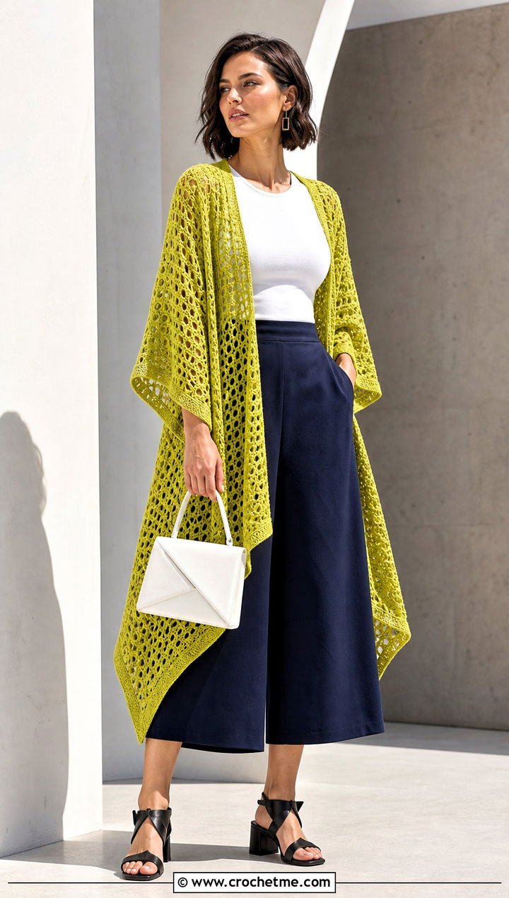 Asymmetric Crochet Summer Kimono With Culottes - 30 crochet summer kimono outfit ideas