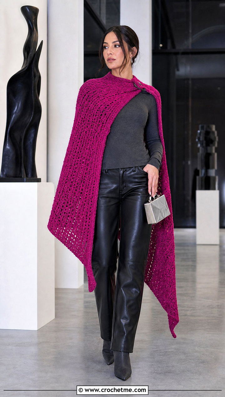 Asymmetric Crochet Super Hero Cape With Leather Pants - 25 Crochet Super Hero Cape outfit ideas