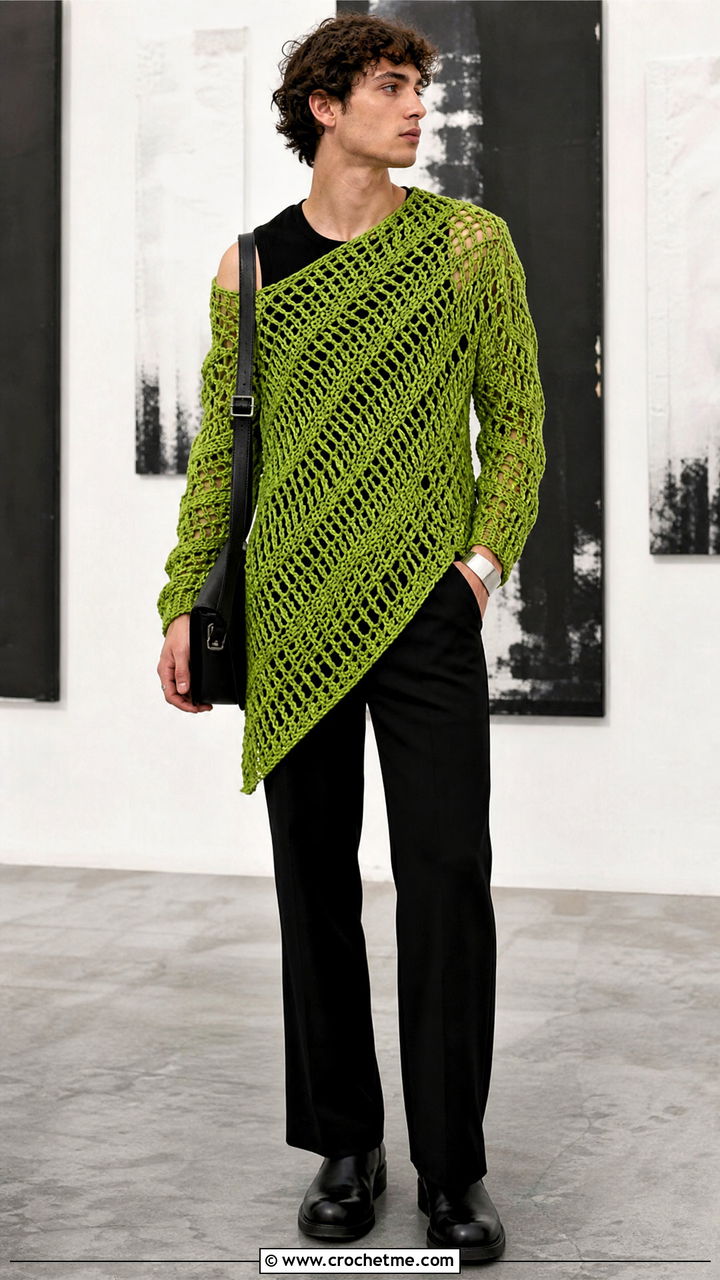 Asymmetric Crochet Sweater With Monochrome Trousers - 35 crochet mens sweater outfit ideas