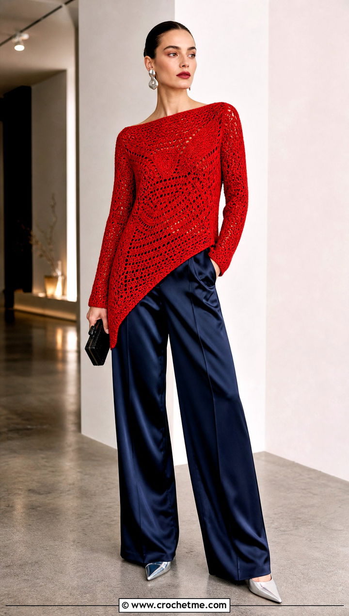 Asymmetric Crochet Sweater With Satin Pants - 25 Woman Crochet Sweater outfit ideas
