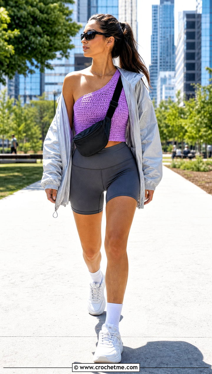 Asymmetric Crochet Tank Top With Biker Shorts - 20 Crochet Womens Tank Top outfit ideas