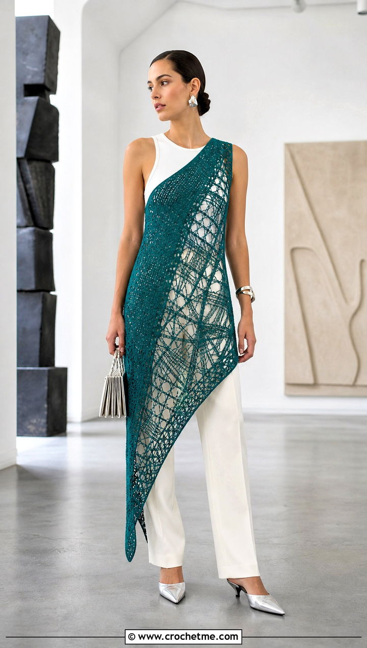 Asymmetric Crochet Thread Dress With Tailored Trousers - 25 Crochet Thread Dress outfit ideas