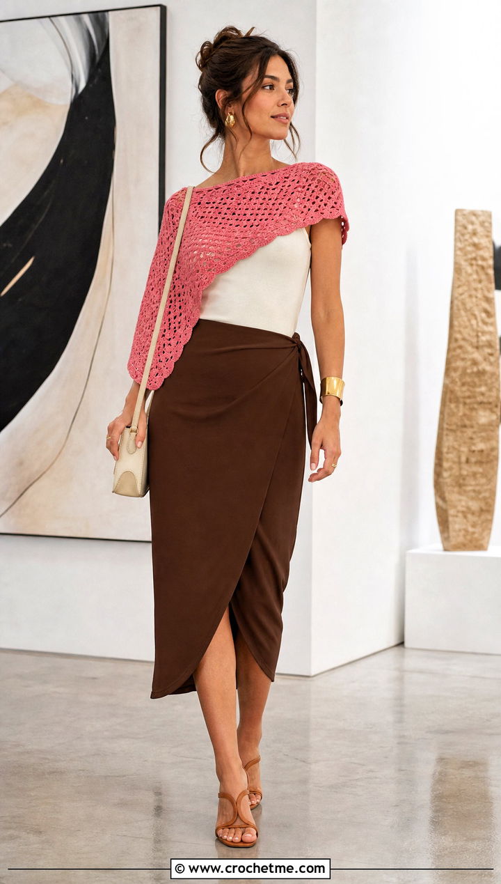 Asymmetric Crochet Top Shrug With Wrap Skirt - 30 crochet top shrug outfit ideas