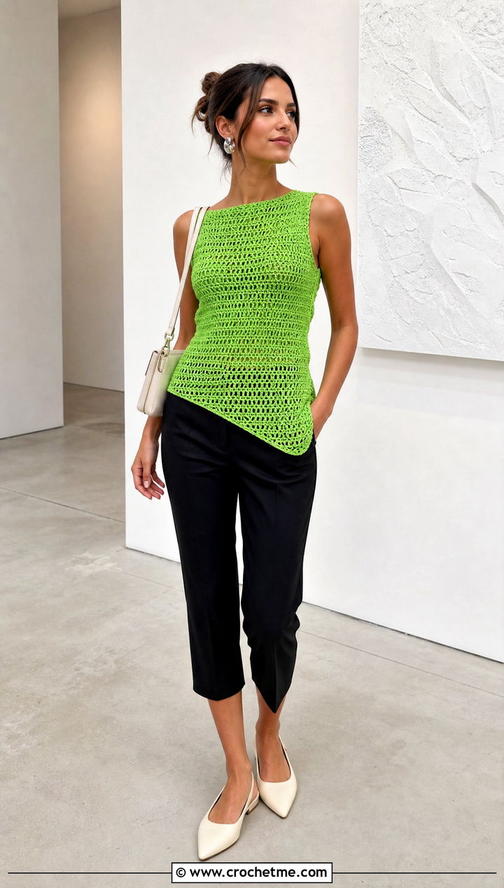 Asymmetric Crochet Top With Capri Pants - 30 crochet summer top for women outfit ideas