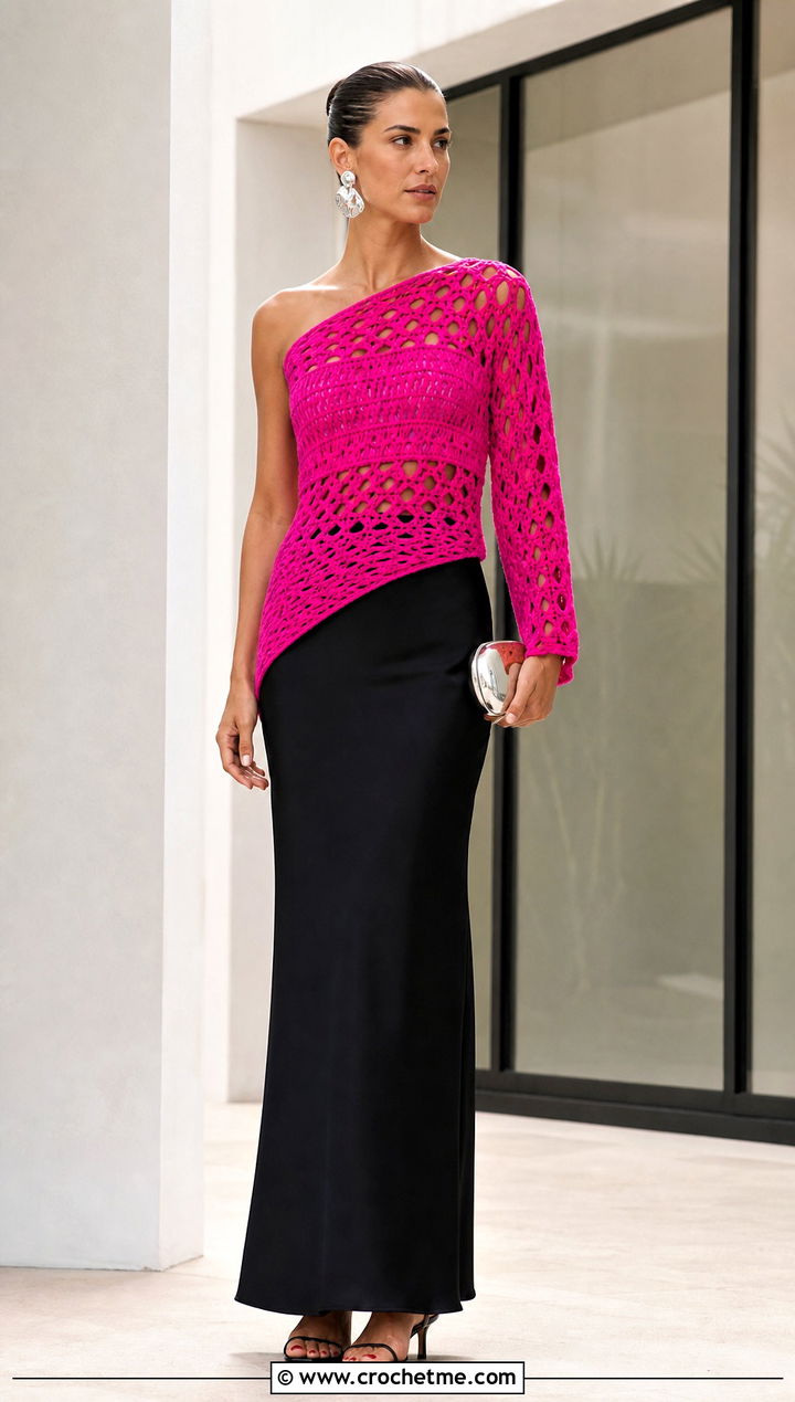 Asymmetric Crochet Top With Column Maxi Skirt - 30 cute crocheted tops outfit ideas