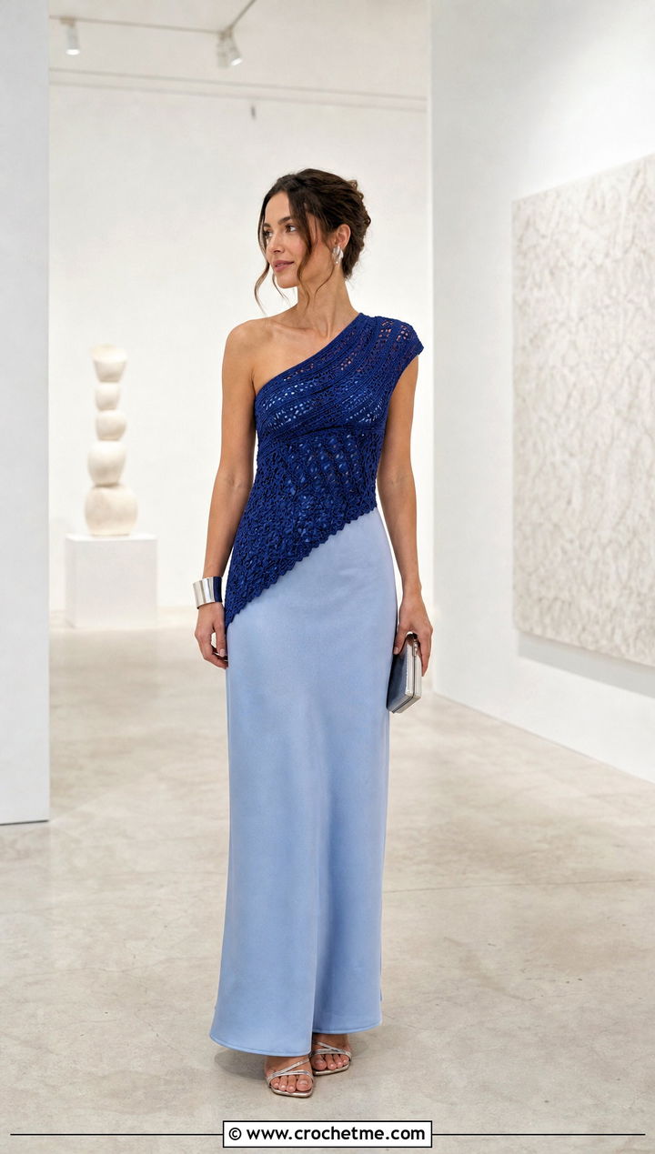 Asymmetric Crochet Top With Column Maxi Skirt - 30 70s crochet top outfit ideas