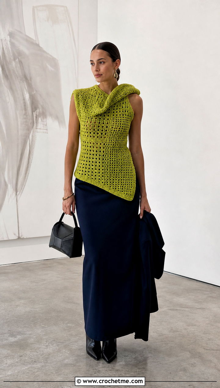 Asymmetric Crochet Top With Column Skirt - 30 crochet fall tops outfit ideas