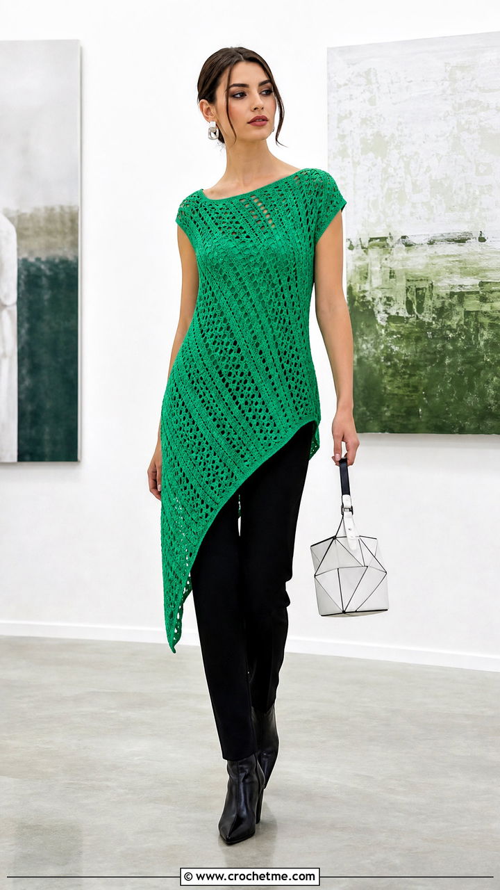 Asymmetric Crochet Tunic With Slim Pants - 35 crocheted tops outfit ideas