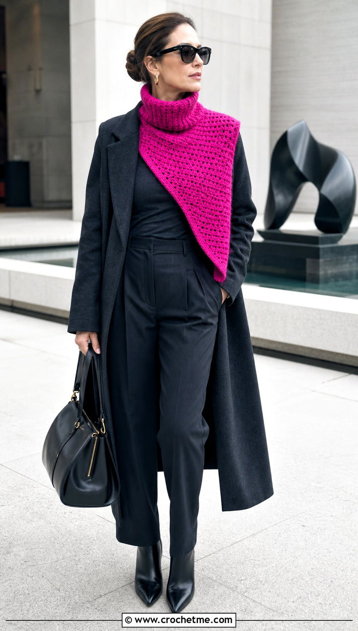Asymmetric Crochet Turtleneck Cowl With Monochrome Outfit - 25 Crochet Turtleneck Cowl outfit ideas