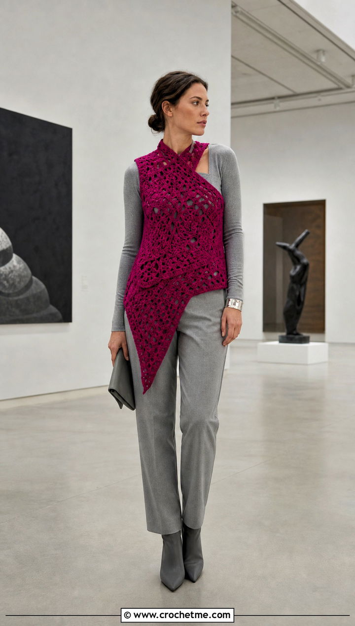 Asymmetric Crochet Vest With Monochrome Outfit - 35 diy crochet vest outfit ideas