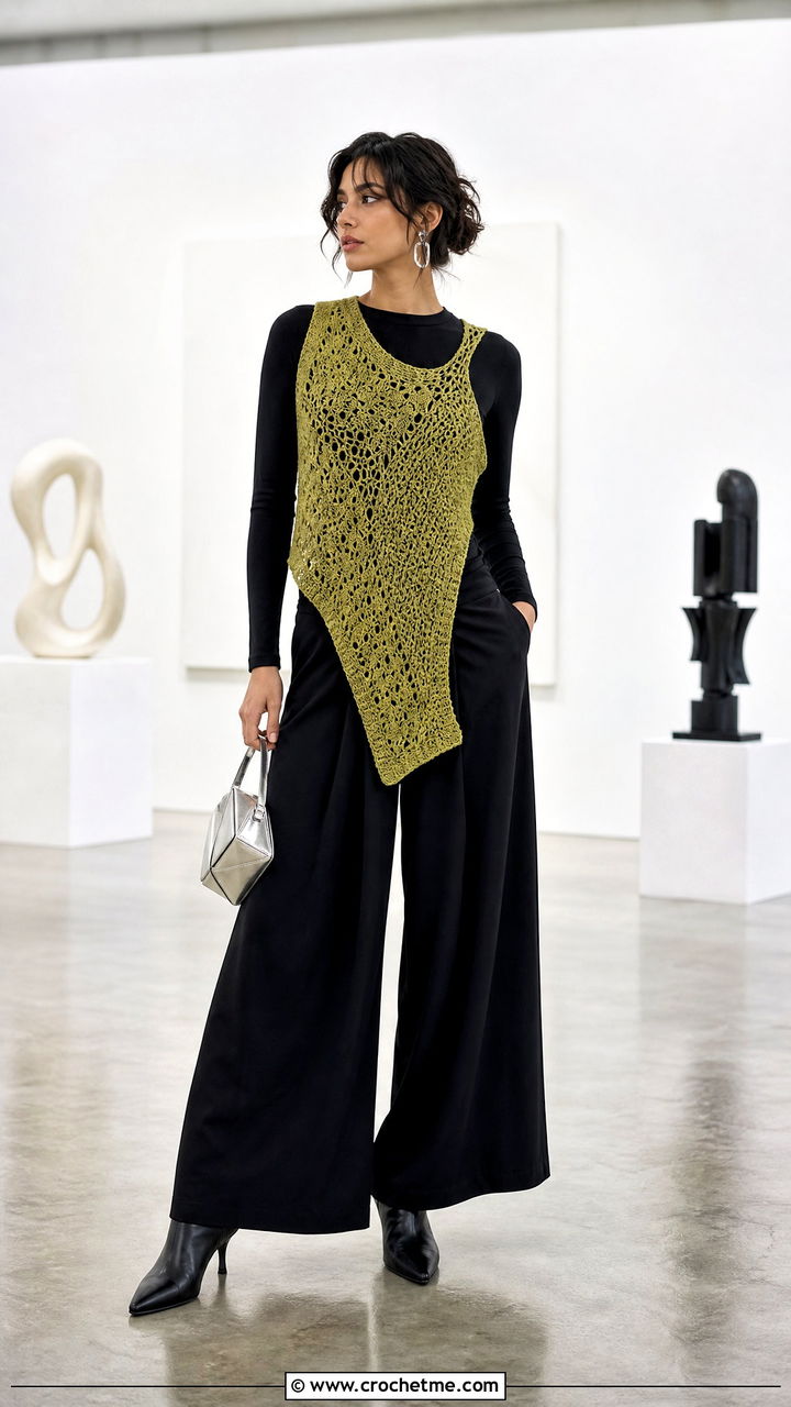 Asymmetric Crochet Vest With a Monochrome Outfit - 35 crochet vest woman outfit ideas