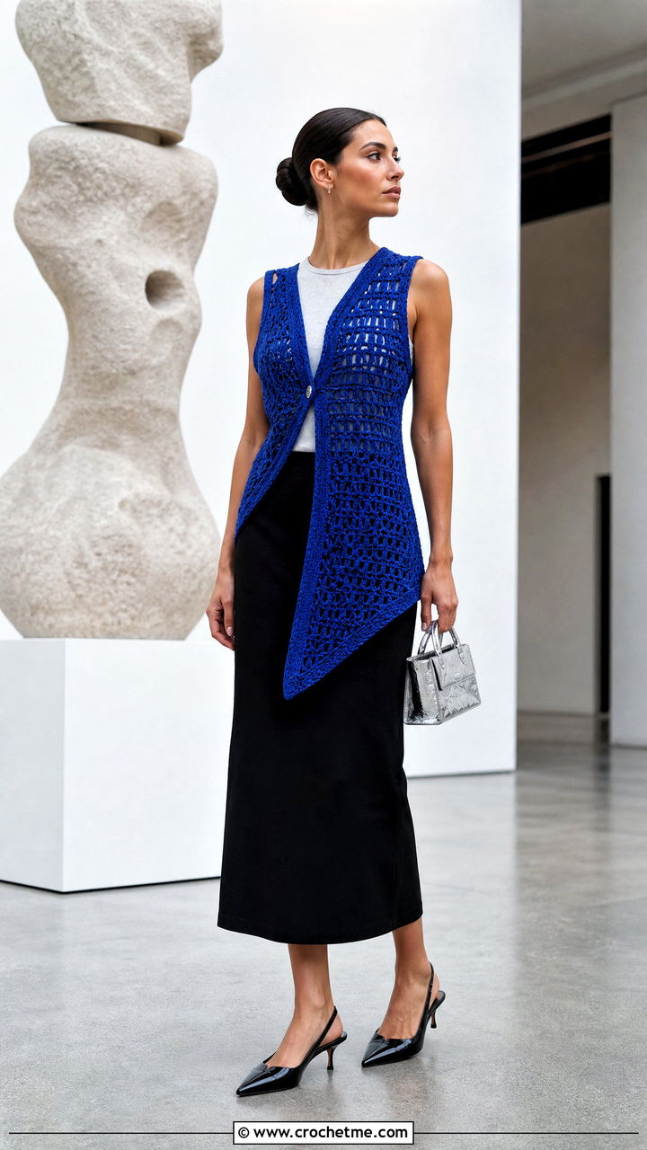 Asymmetric Crochet Waistcoat With Column Skirt - 35 crochet waistcoat outfit ideas