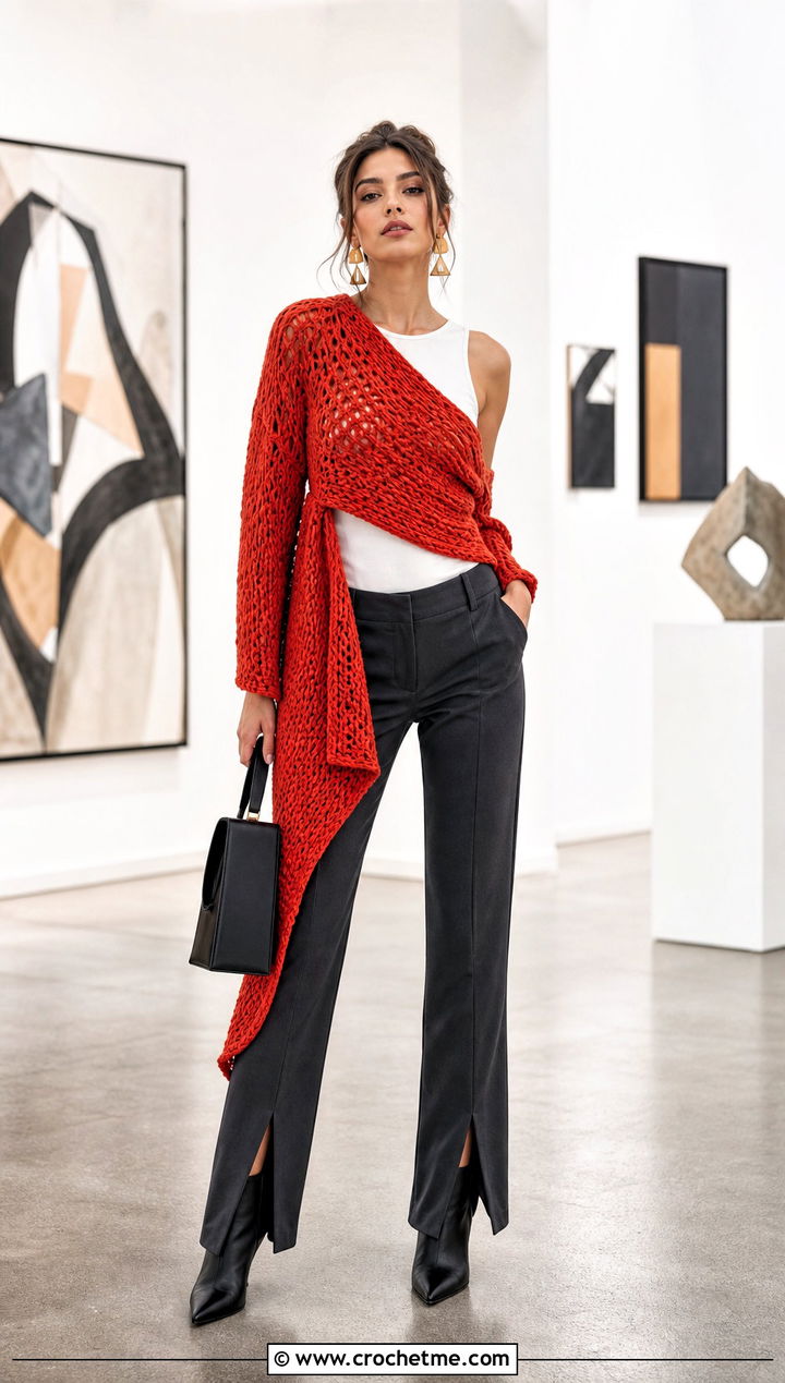 Asymmetric Crochet Wrap Sweater With Split Hem Pants - 35 crochet wrap sweater outfit ideas