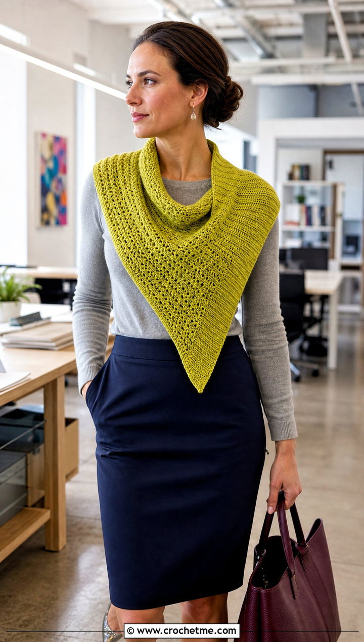 Asymmetric Crossbody Crochet Cowl With Pencil Skirt And Knit Top - 15 Crossbody Crochet Cowl outfit ideas