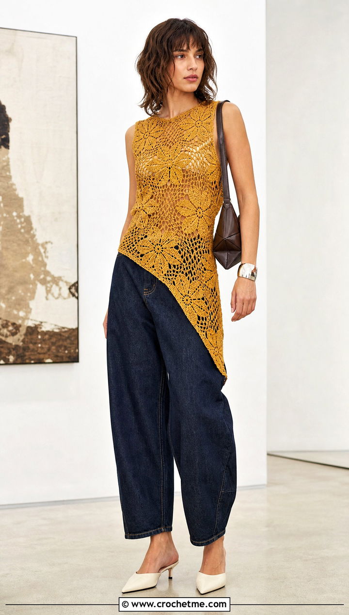 Asymmetric Floral Mesh Crochet Top With Barrel Jeans - 25 mesh flower crochet top outfit ideas