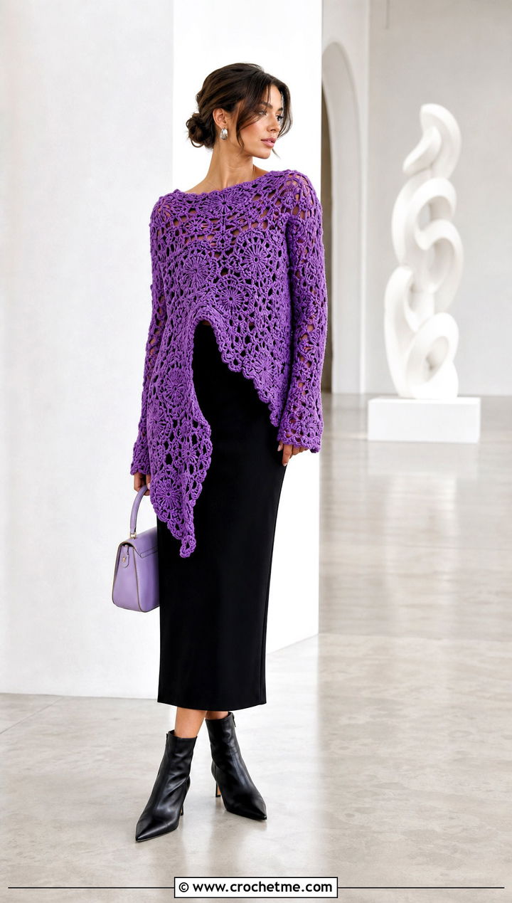 Asymmetric Freeform Crochet Sweater With Column Skirt - 30 freeform crochet sweater outfit ideas