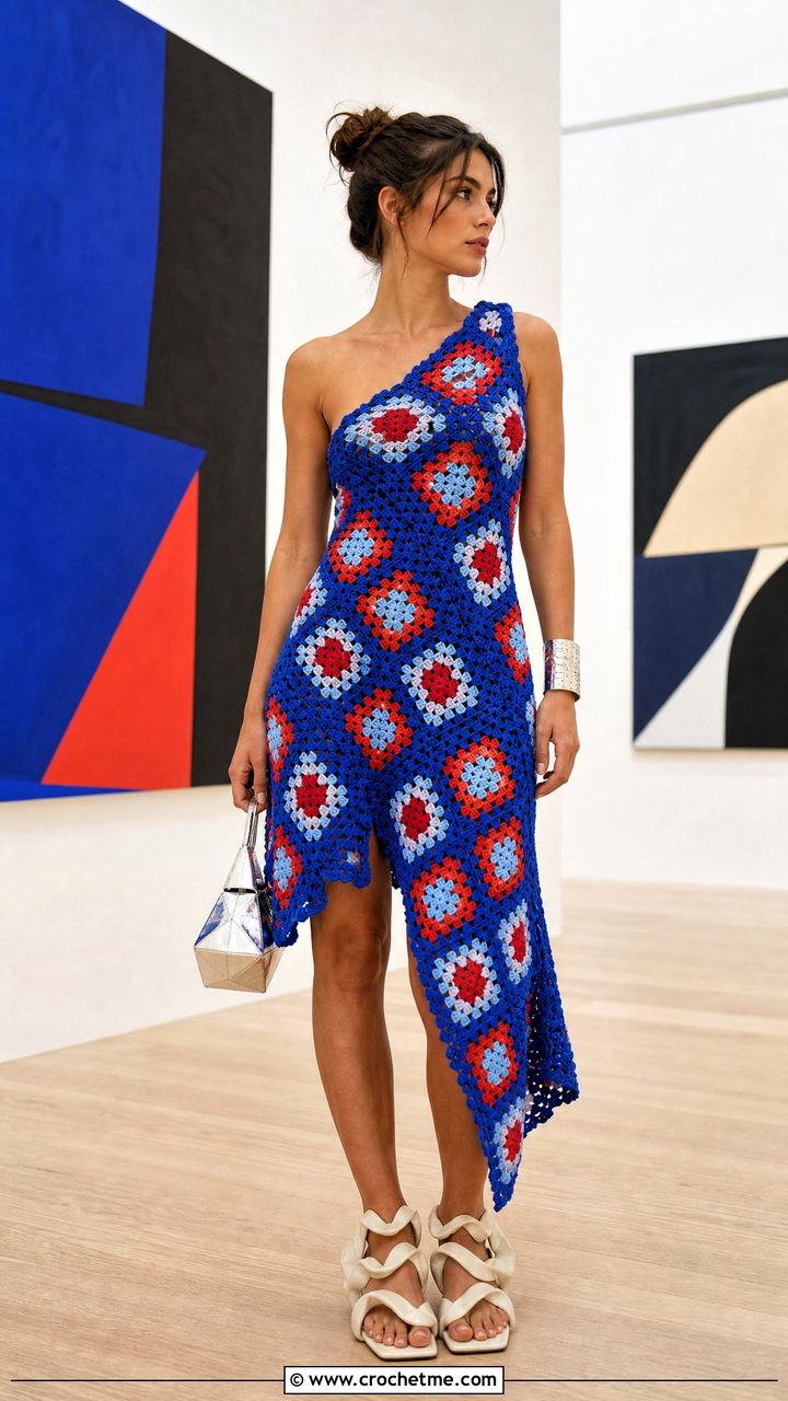 Asymmetric Granny Square Dress With Sculptural Sandals - 35 crochet granny square dress outfit ideas